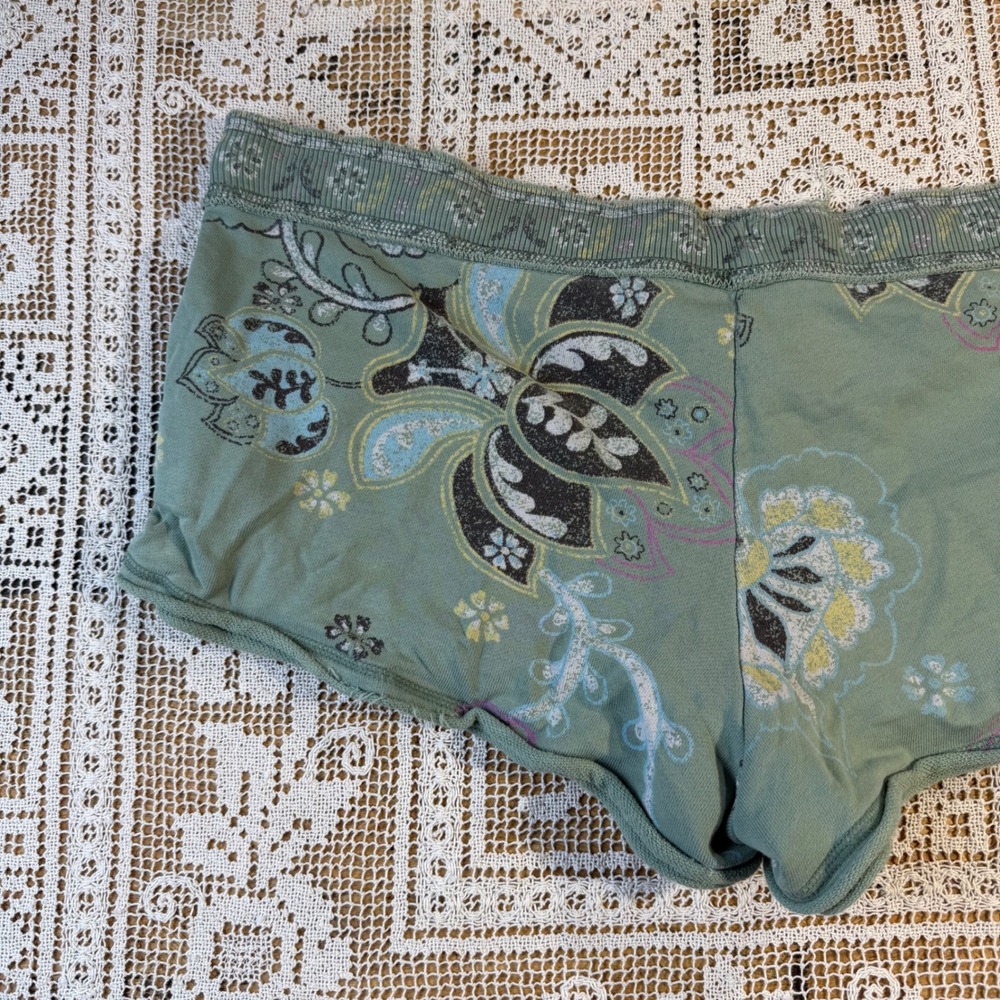 Old Navy VTG Sage Green Floral Paisley Cotton Micro Mini Lounge Shorts Sz L Y2K - Picture 5 of 11